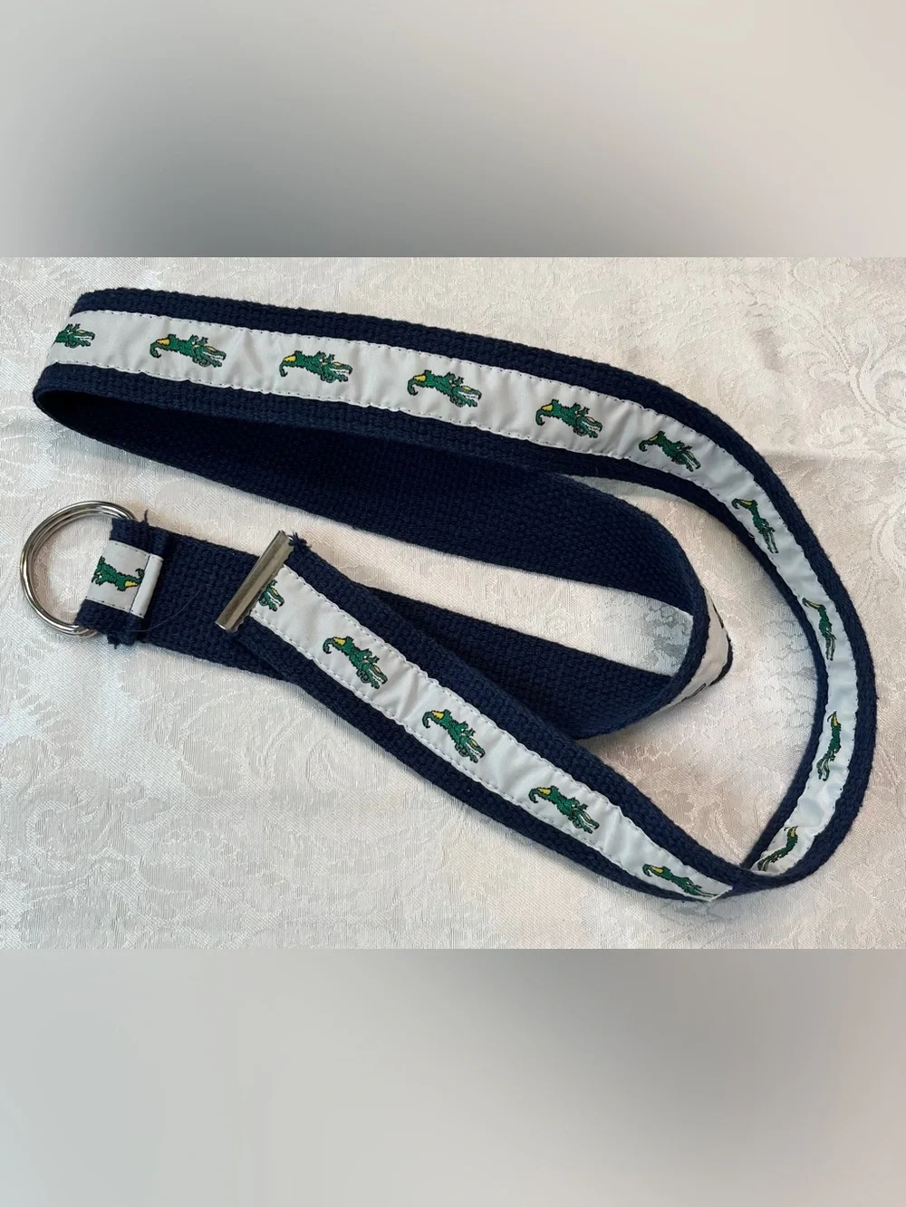 Belt in Navy and White Crocodile Print D-Ring Belt